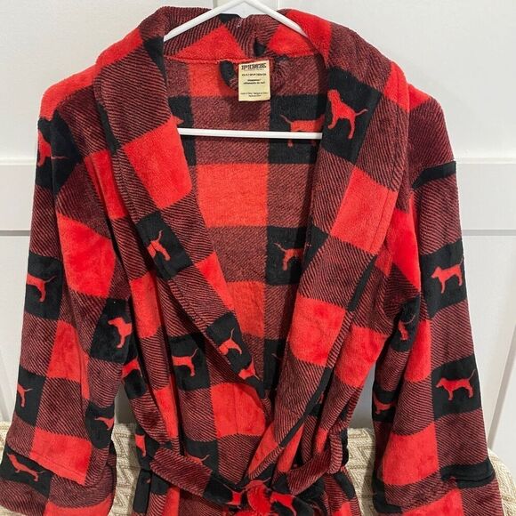 Victoria's Secret PINK Buffalo Check Fleece Robe Red Black Women's XS/S - Picture 3 of 6